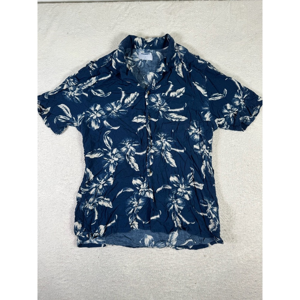 Old Navy Button Down Shirt Mens Medium Navy Blue Excellent Floral Rayon Hawaiian